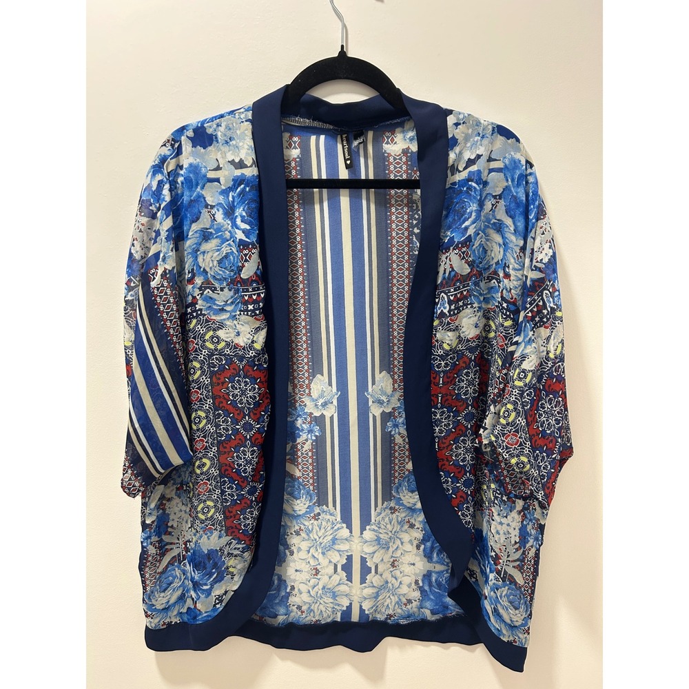 Heartsoul Blue Floral Geometric Stripe Kimono Cardigan Top L bohemian festival